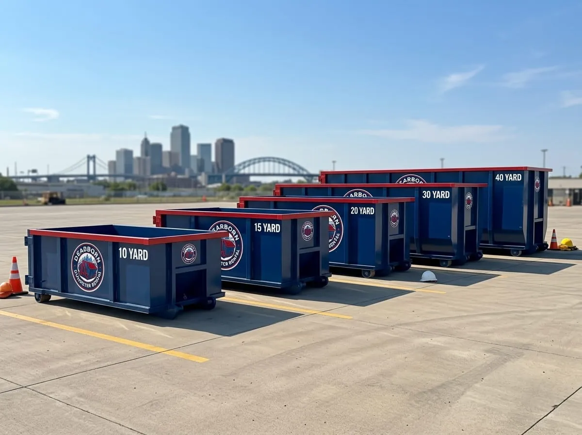 A row of roll-off containers from 10 to 40 yards at the Dearborn Dumpster Rental yard