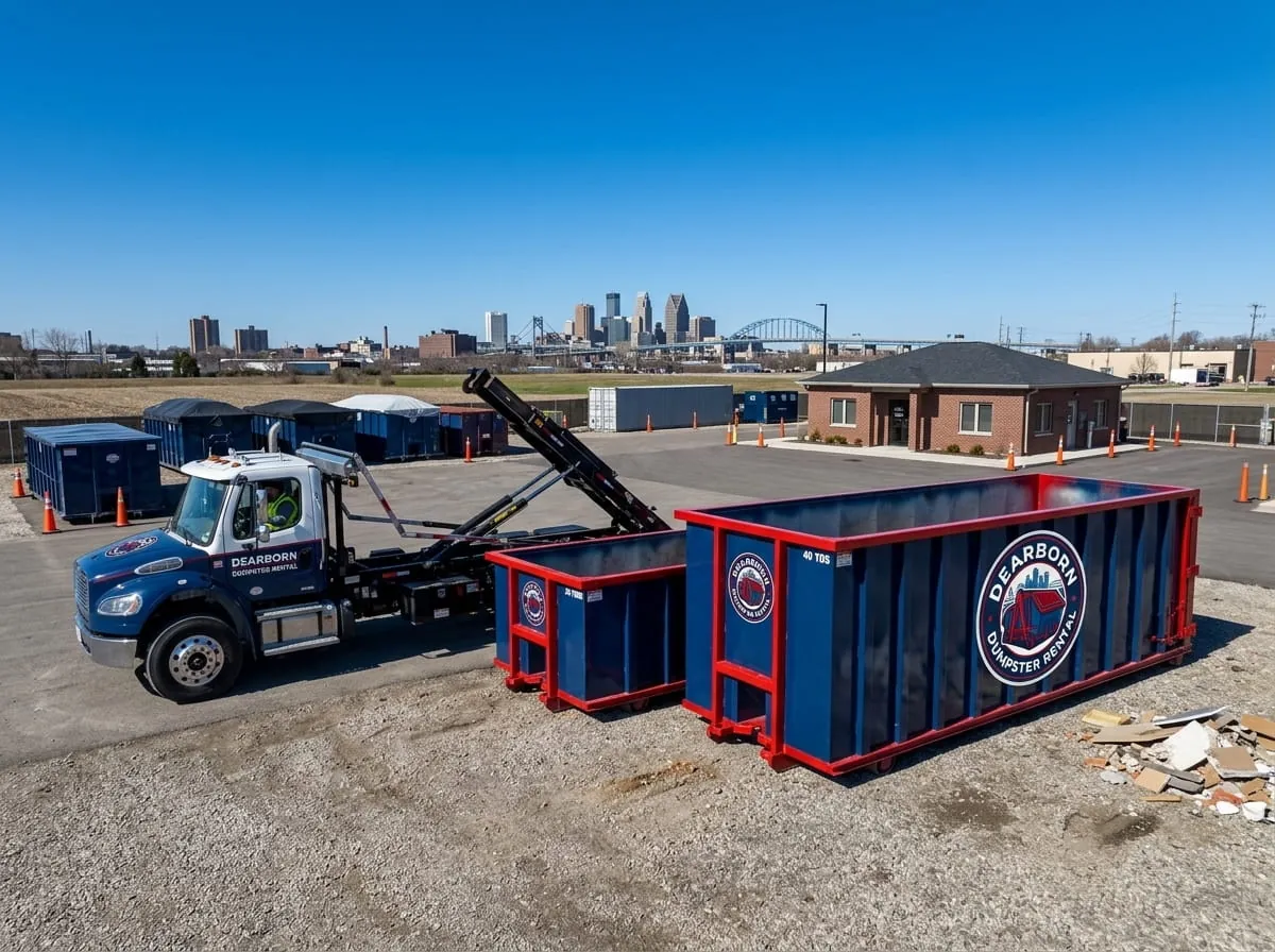 Dearborn Dumpster Rental roll-off container and truck working a job in Wayne County