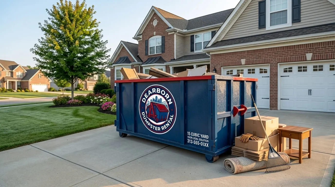 Roll-off dumpster on a driveway at a brick home in Dearborn, Michigan