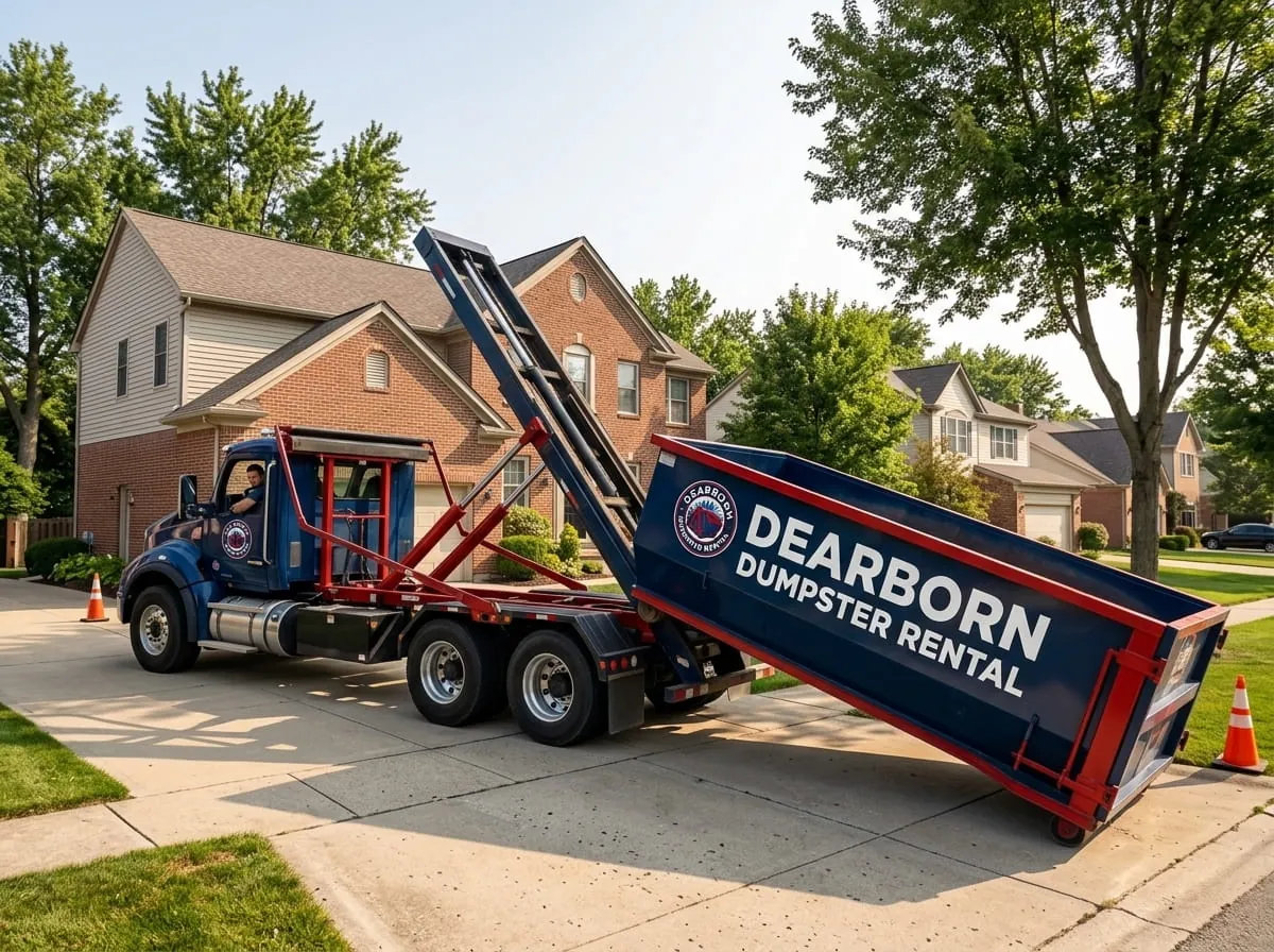 Roll-off truck setting a container down in Dearborn, Michigan